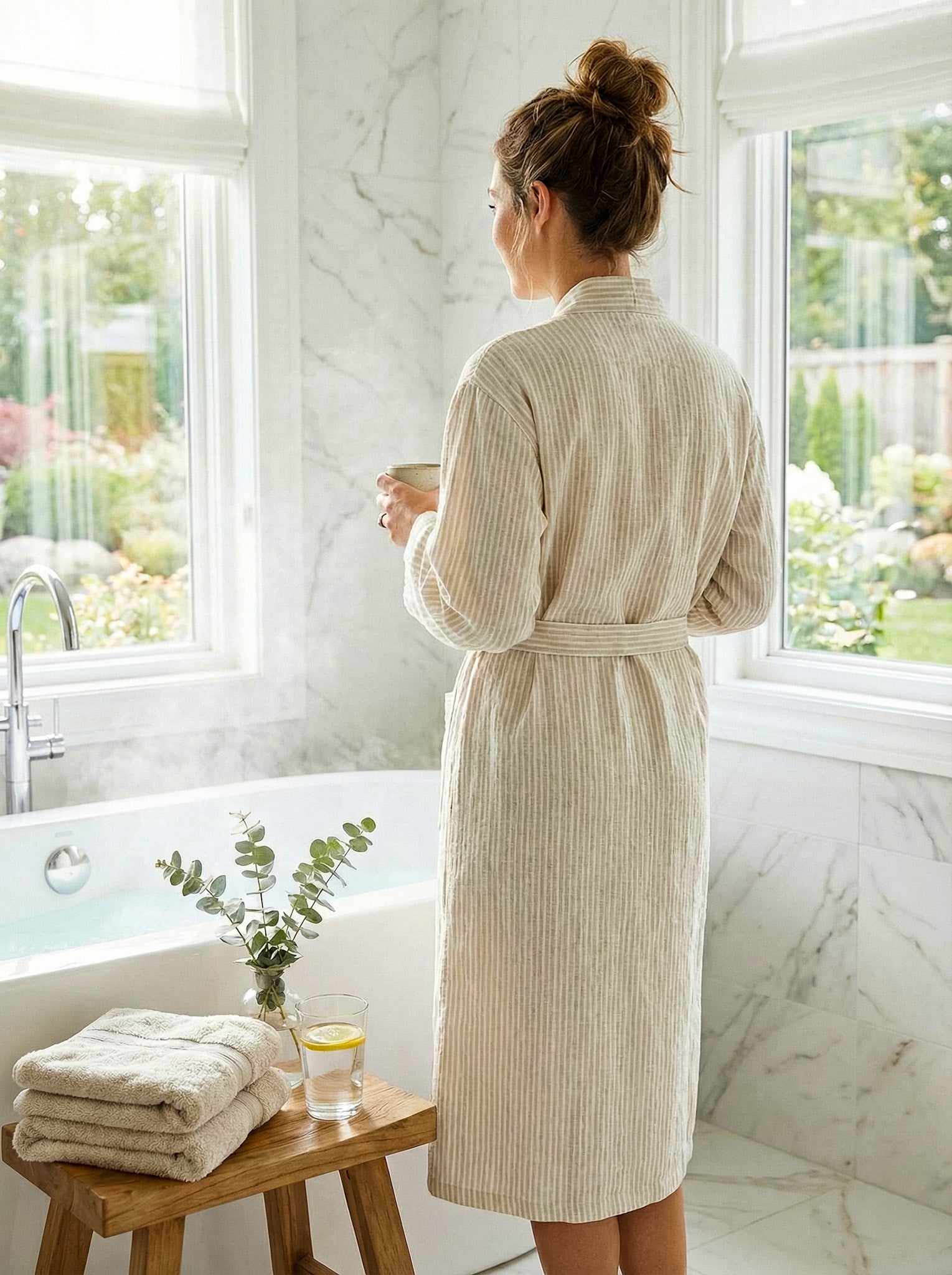Woman in a beige striped atelier orea robe standing by a bathtub in a bright bathroom.