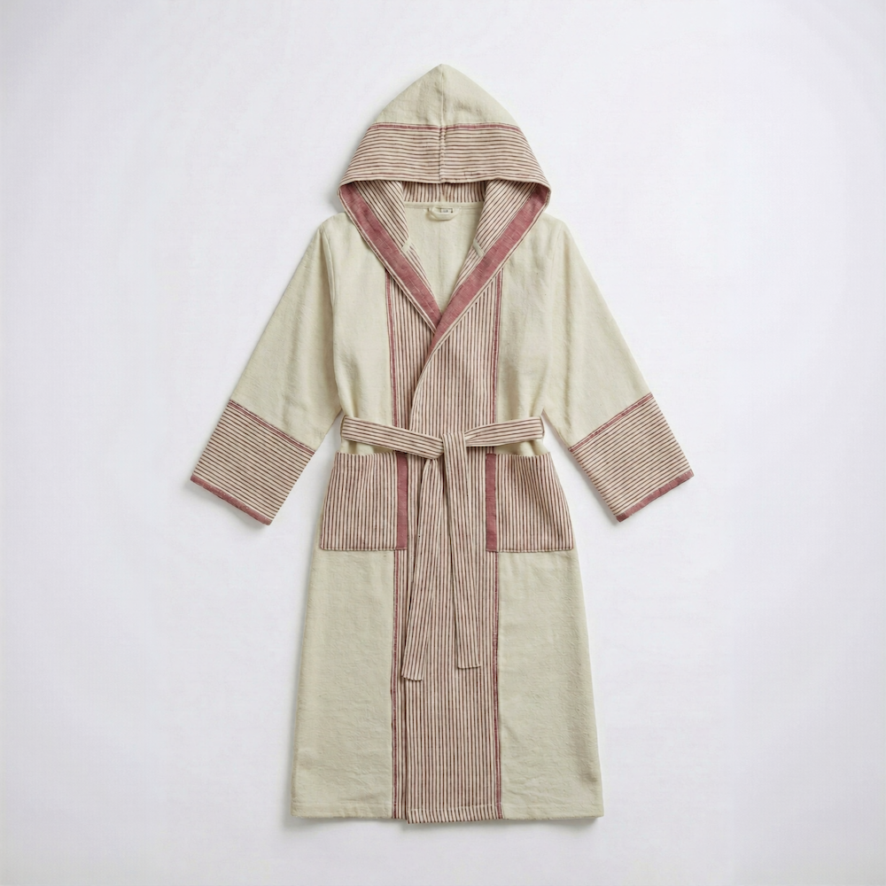 atelier orea handwoven linen cotton red striped hooded bathrobe soft thing