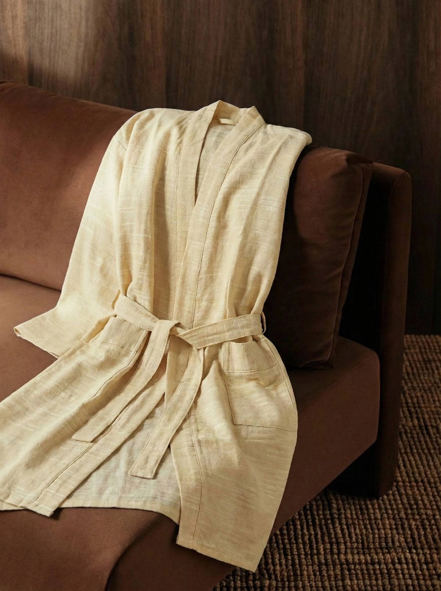 yellow handwoven peace silk, cotton, vegetable fiber robe on a brown couch