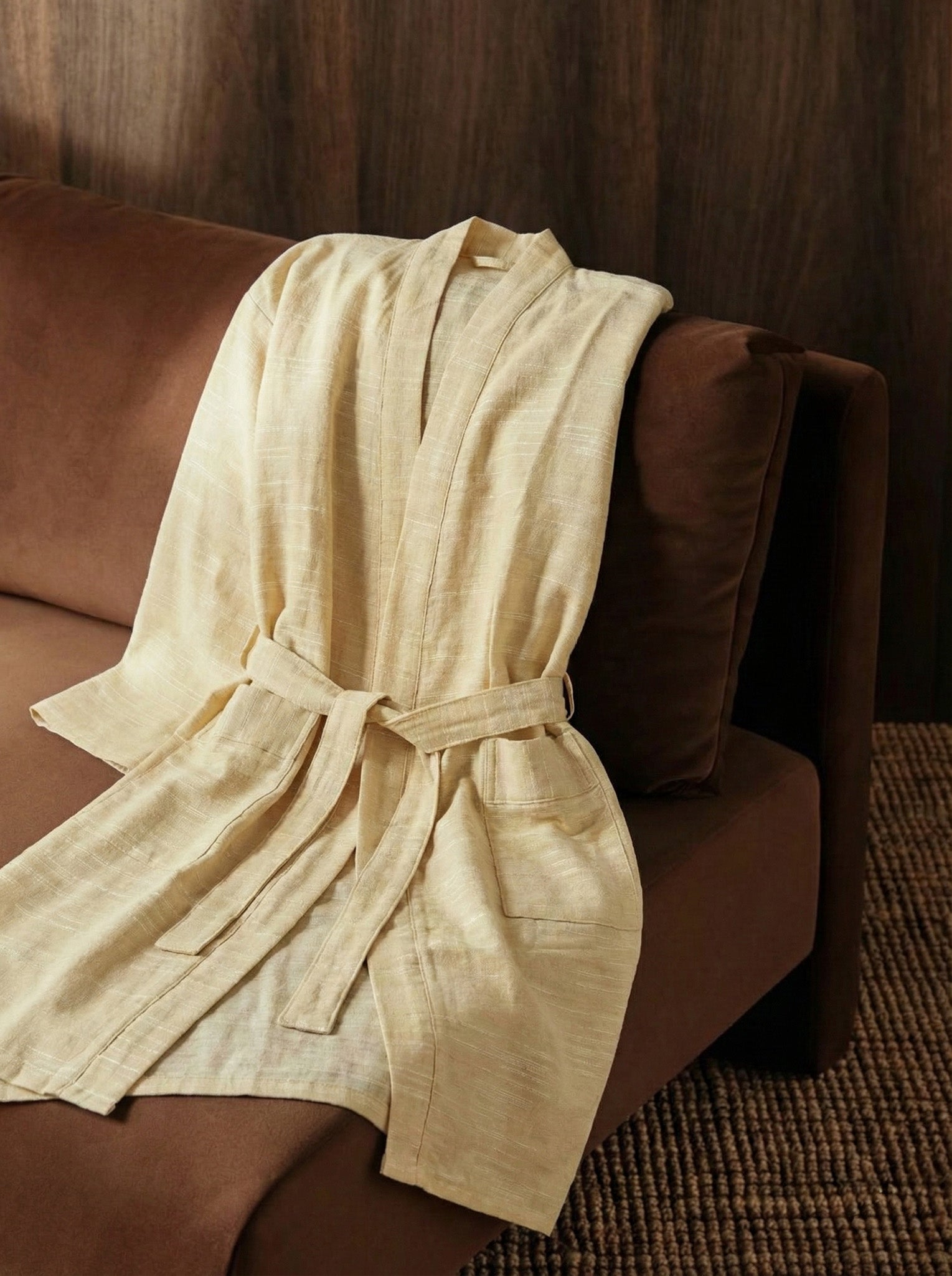 yellow handwoven peace silk, cotton, vegetable fiber robe on a brown couch