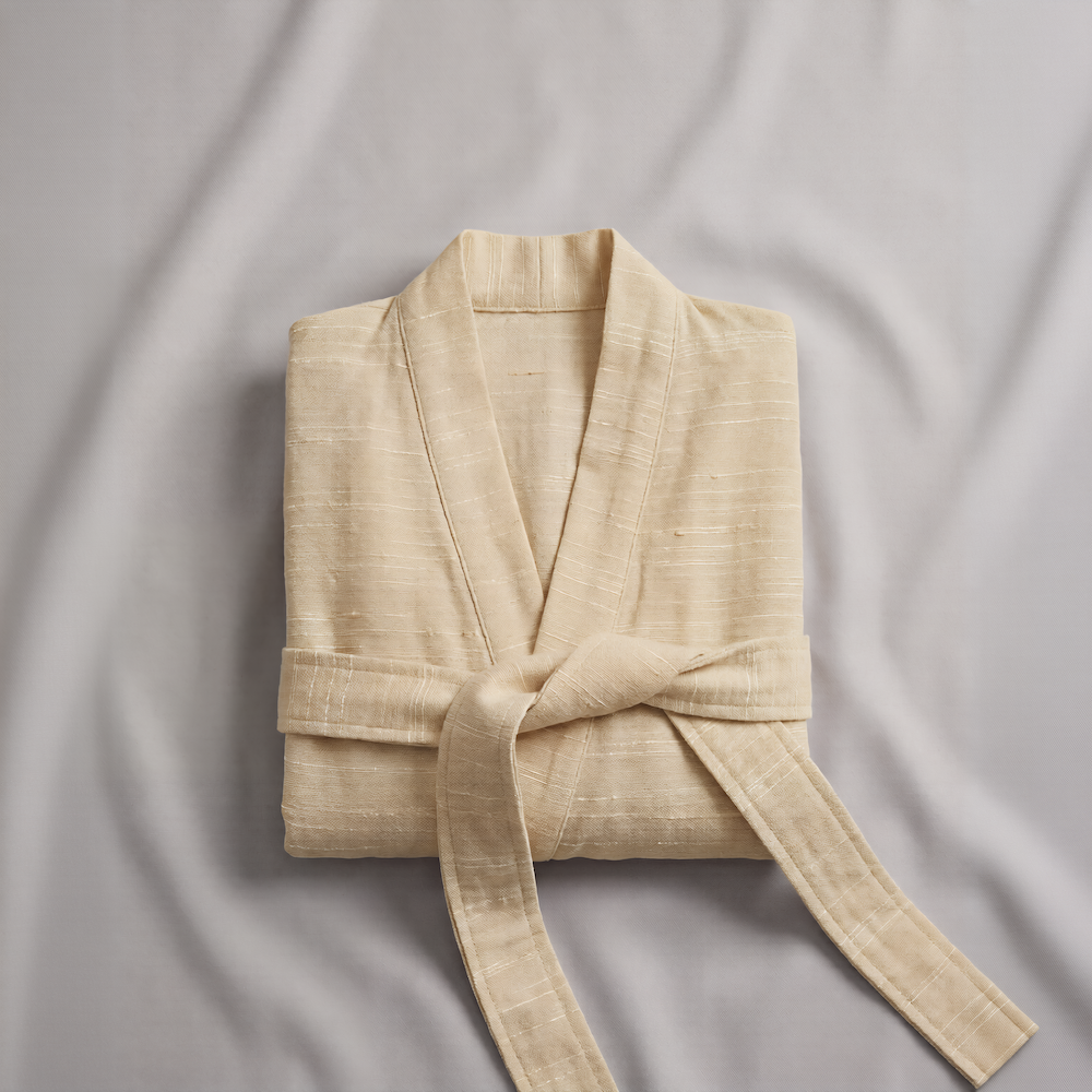 yellow textured atelier orea kimono robe on a gray background