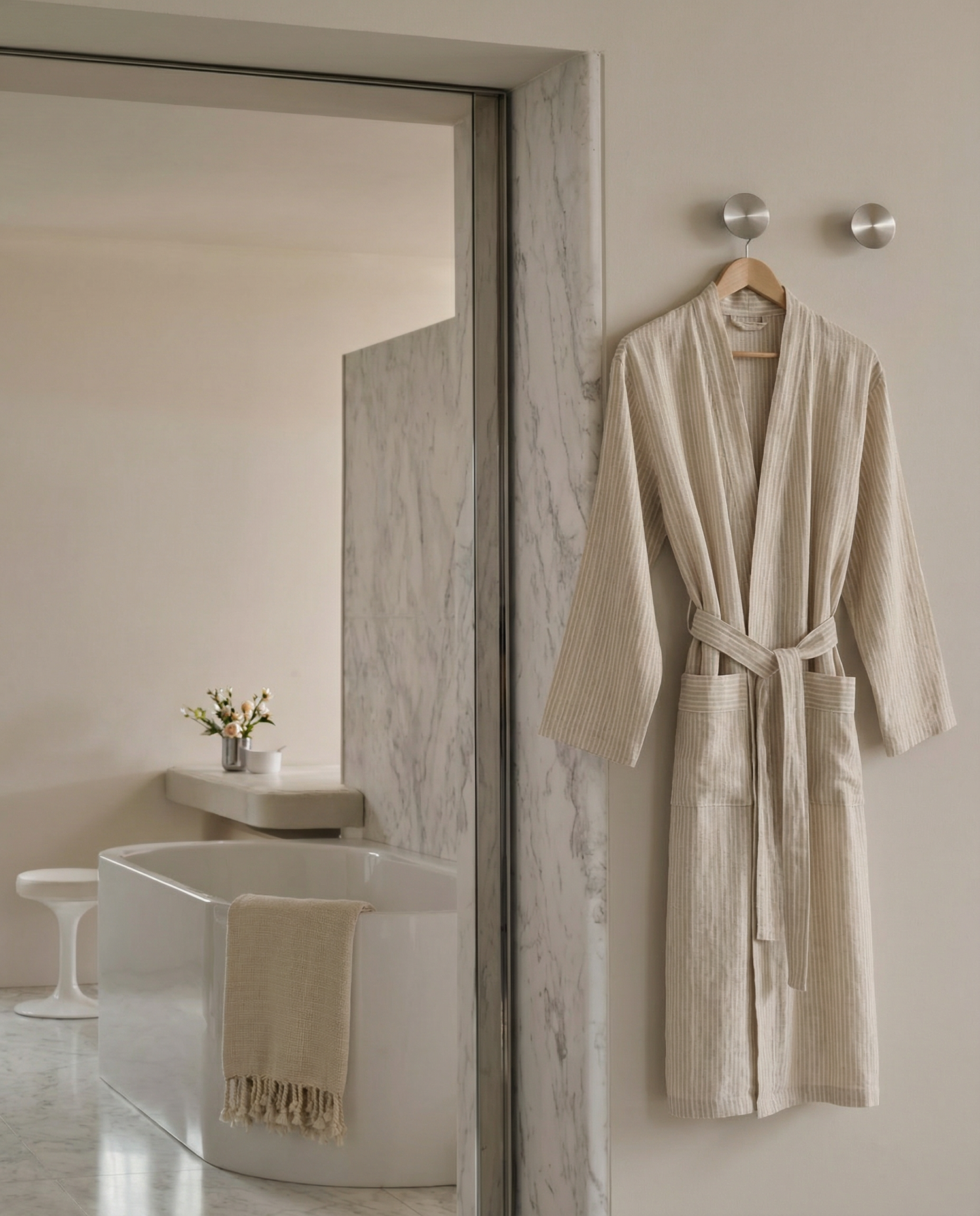 Beige handwoven cotton-linen robe hanging on a hook in a bathroom and a handwoven slub cotton towel in the background