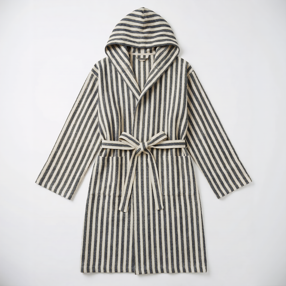 atelier orea gray striped robe with hood on a white background