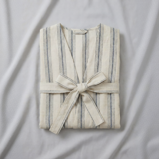 Blue striped atelier orea robe with a bow folded on a gray fabric background