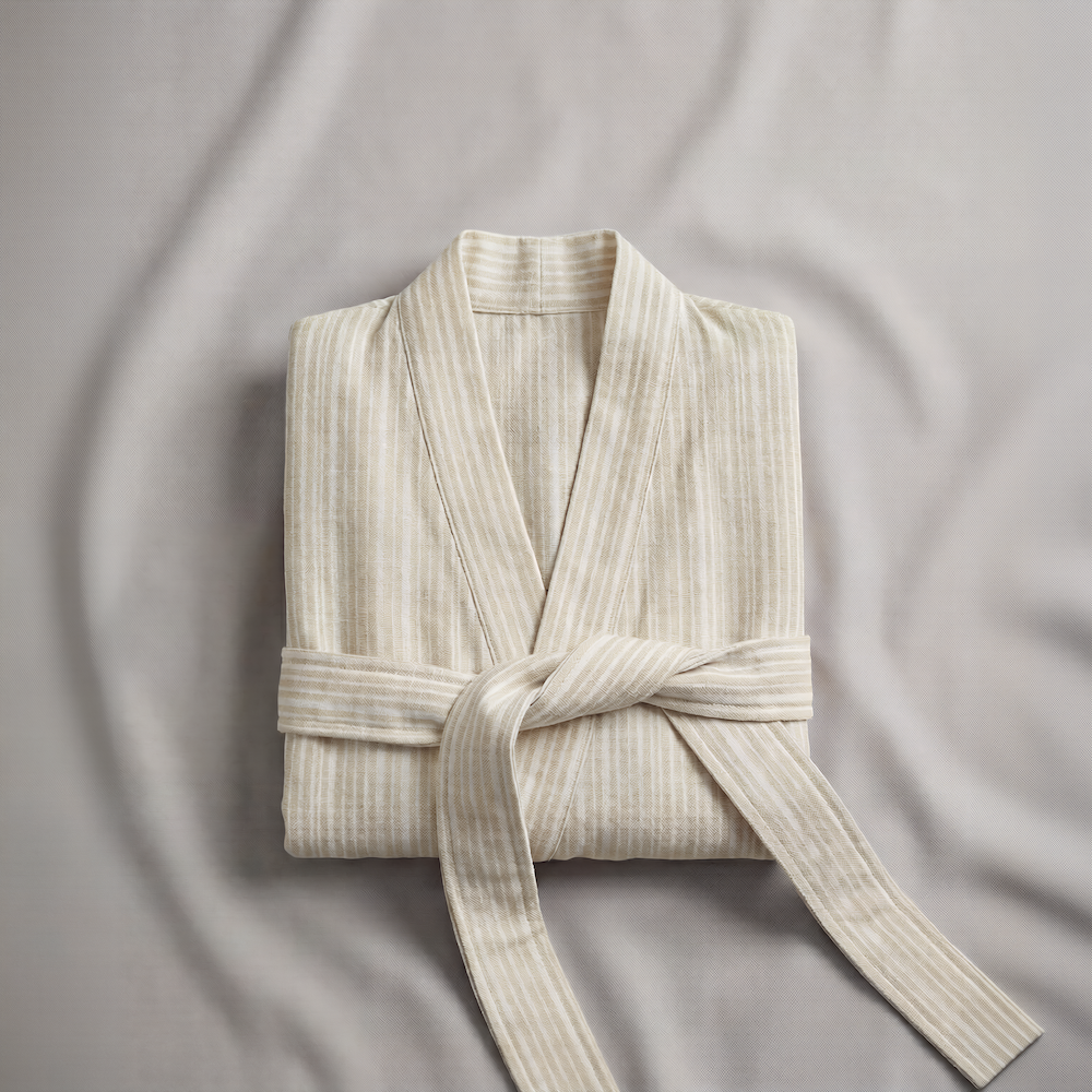 Folded beige striped atelier orea robe on a textured gray background