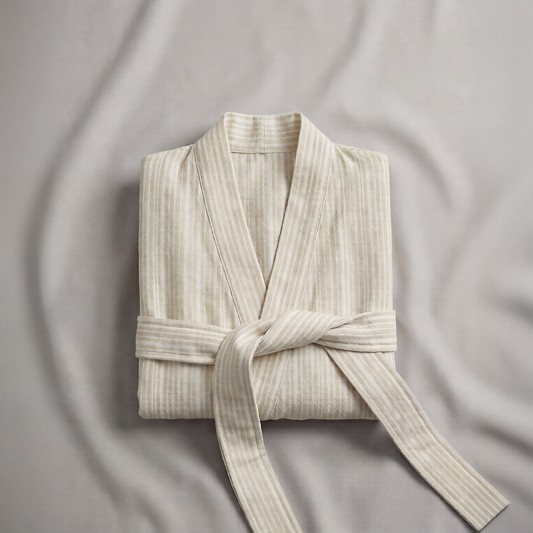 Folded beige striped atelier orea robe on a textured gray background