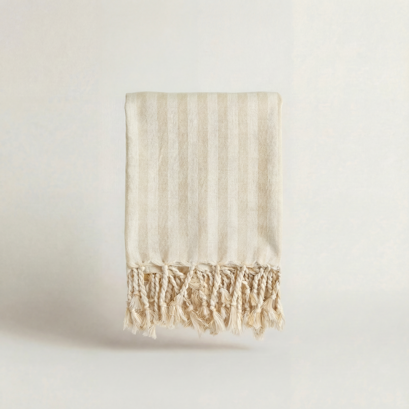 Handwoven cotton atelier orea ecru towel with beige stripes