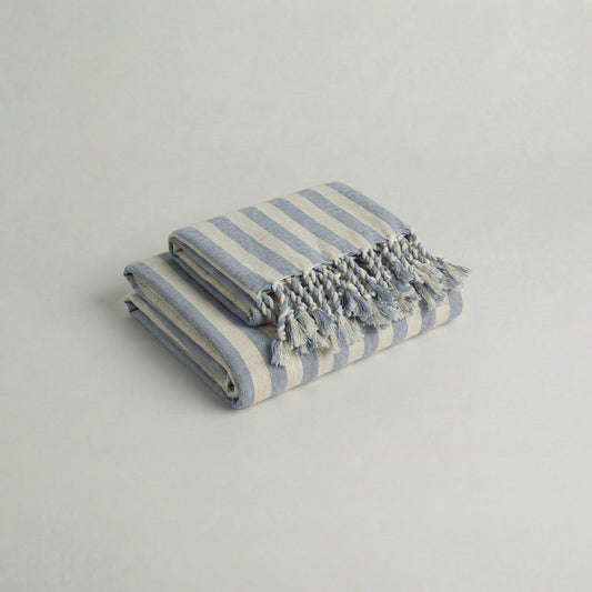 Folded handwoven cotton towel set with baby blue stripes and tassels