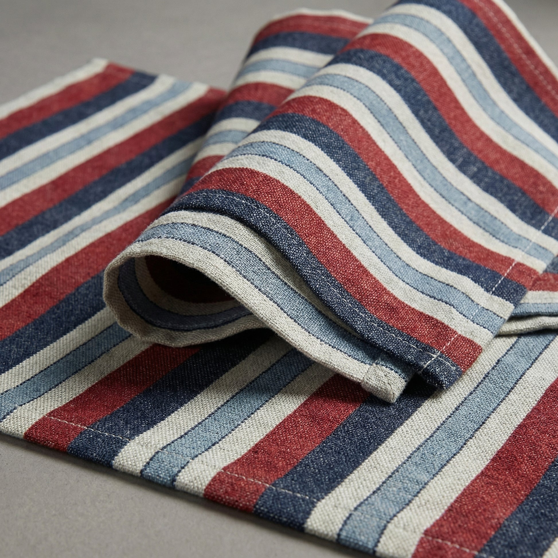 Roll of handwoven red, blue, and white striped placemat and napkin on a gray surface