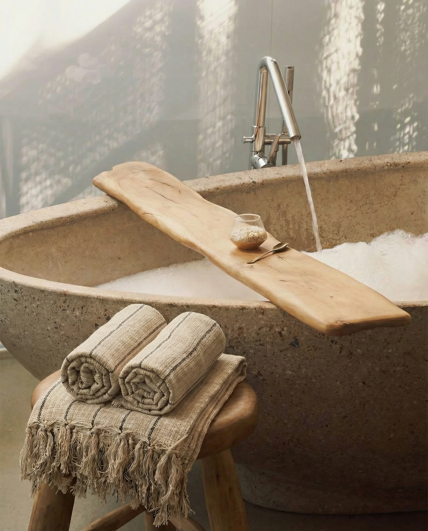 Bath tub with wooden board, handwoven slub cotton towels, and water flowing in a serene setting.