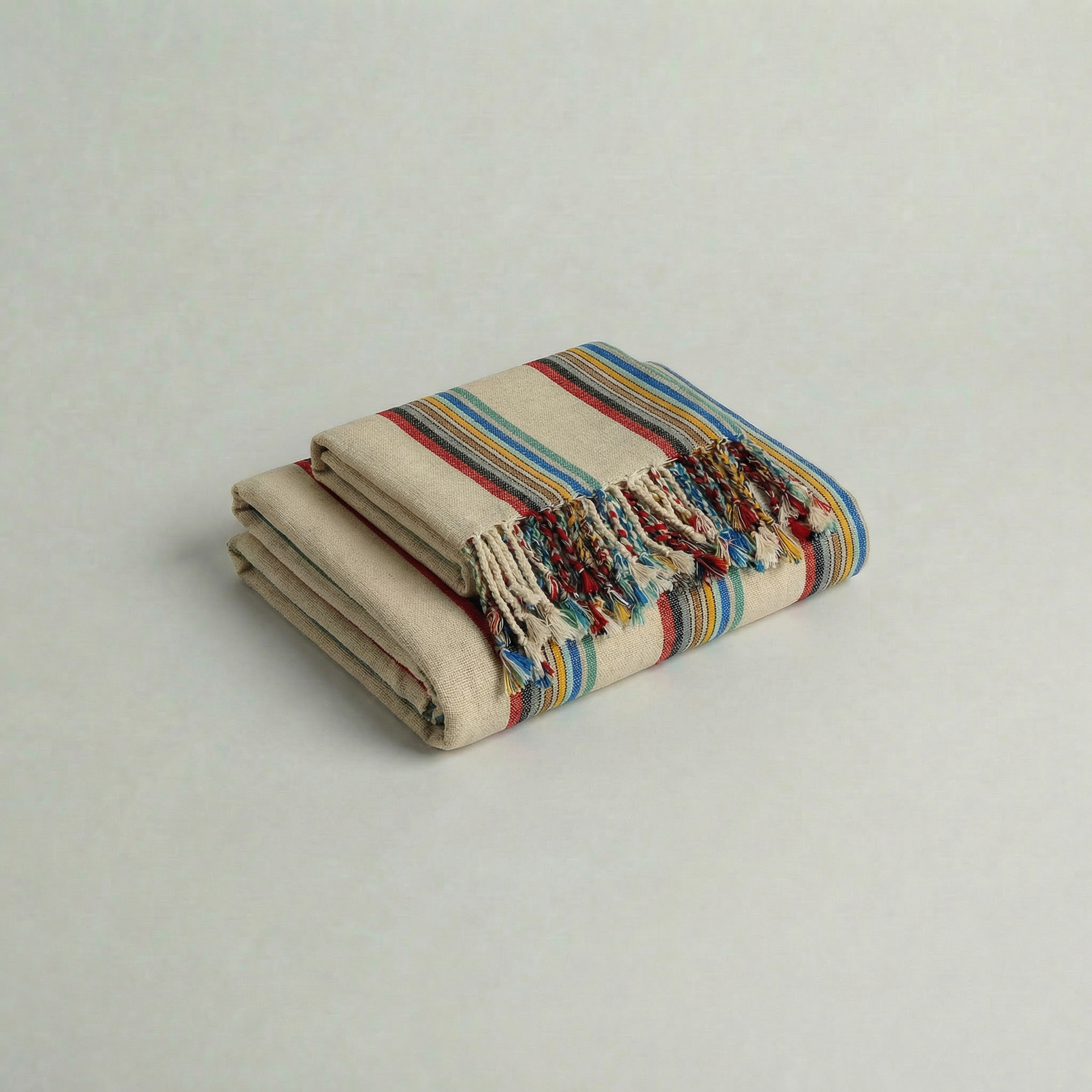 Folded hadnwoven atelier orea turkish cotton towel with colorful stripes on a light gray background