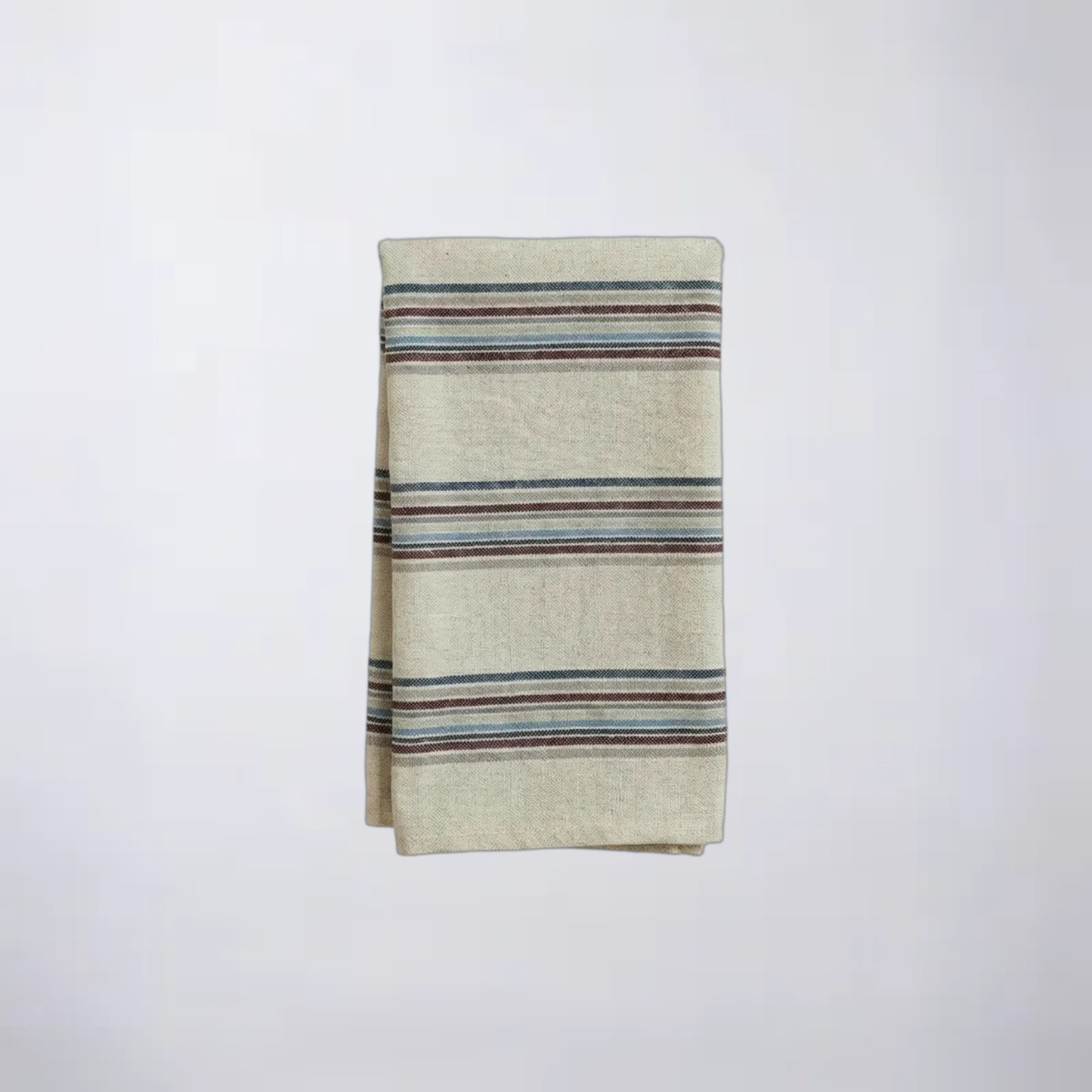 Folded cotton napkin with soft brown and blue striped pattern on a white background