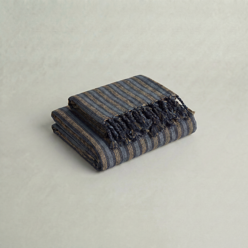 handwoven Turkish cotton towel set striped navy brown with fringes on a light gray background
