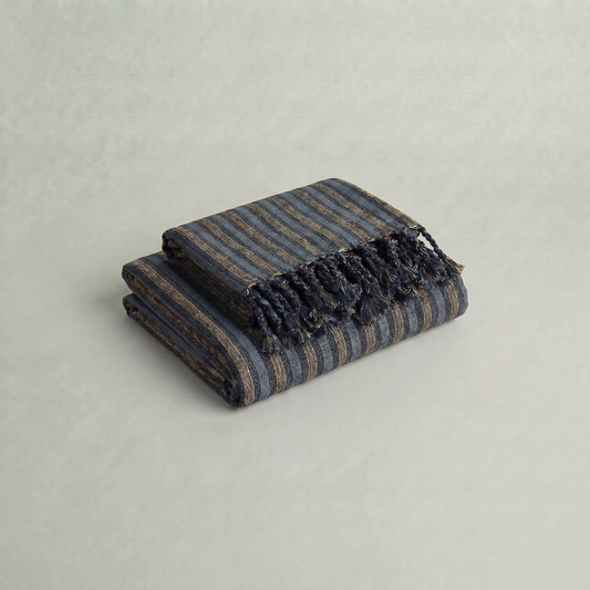 handwoven cotton towel set in navy and brown stripes